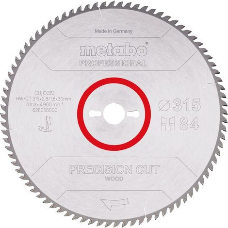 Metabo 628058000 628058000-Hoja de Sierra Metal Duro HW/CT Precision Cut 315 x 30 mm Dientes 84 WZ, 0
