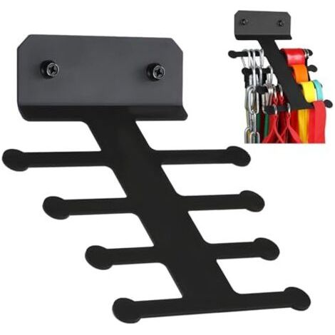 Metal wall mount with eight hooks for fitness equipment, wall mount for resistance bands, jump ropes and pull-up bands that do not tangle.