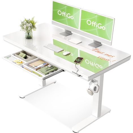 Bureau Assis Debout en Verre avec Tiroir 120×60 cm, Blanc  Bureau électrique en verre avec tiroir, Bureau réglable en hauteur avec USB et Type C, Table assis debout pour télétravail (1/5)