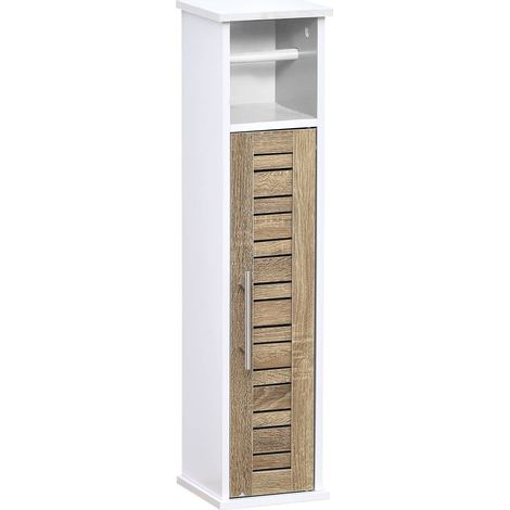 Tendance – Réserve et dérouleur papier WC autoportant en bois MDF – 1 porte, 1 étagère – Dimensions 18x18x75 cm – Couleur blanc et chêne vieilli
