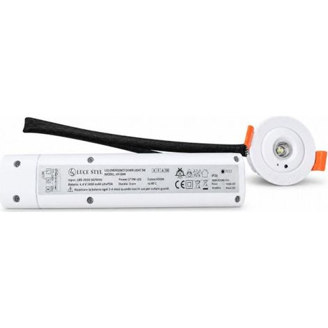 Mini Faretto Led Emergenza da Incasso 3W 250lm 3 Ore D60X37mm Foro 42mm, Bianco 6500K, Modalità SA/SE, Batteria LiFePO4 6,4 V 1800mAh