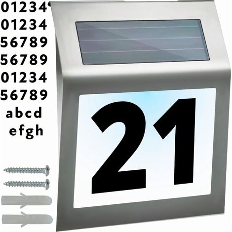 Hausnummernschild aus Edelstahl mit Solarbetrieb und LED-Beleuchtung, Hausnummernschild, Hausnummer, Straßenbeleuchtung, Solar – Kaltweiß (1/5)