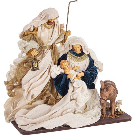 Natività con Asino con vestiti in tessuto color Blu Oro statue per presepe