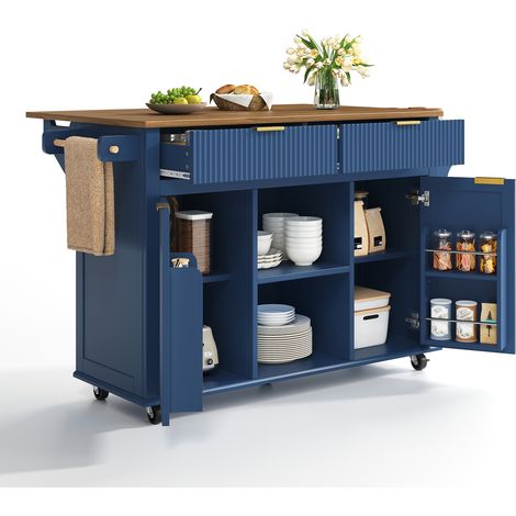 Isla de cocina con ruedas 143 x 45 cm, MDF azul y madera, tablero abatible con almacenaje (1/5)