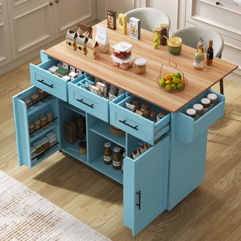 Isola cucina 139x46x91,5 cm in pannelli di legno blu, estensibile FloraGrace