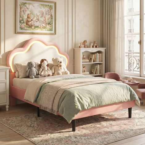 BLANKETSWARM - Lit enfant fille 90x200 cm, lit princesse fille avec LED tête de lit réglable en cloud pour fille lit enfant luxe lit pour enfant rembourré