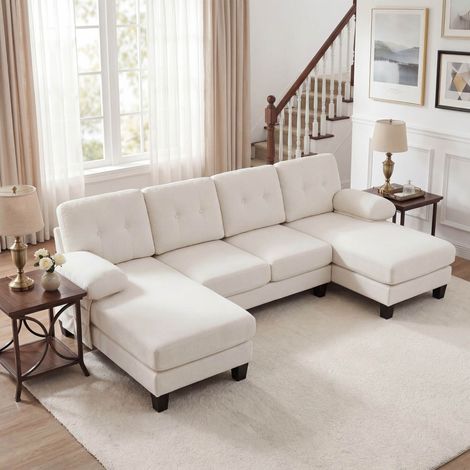 Canapé d'angle en forme de U 268 x 128 x 84 cm Canapé 4 places avec dossier réglable Chenille Beige (1/3)