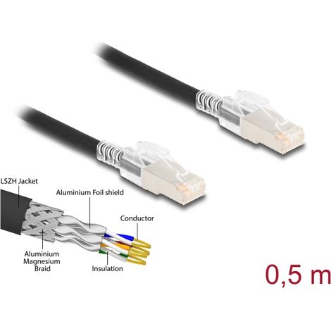 Delock Cable de red RJ45 Cat.6A S/FTP con juego de clips de seguridad, 0,5Â m, negro