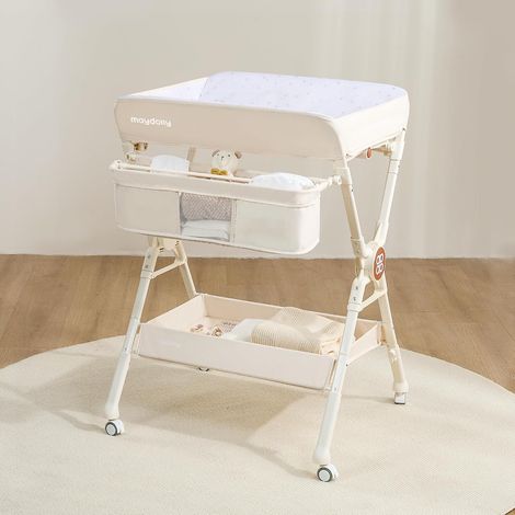 Table à langer pliable et réglable en hauteur, table à langer mobile avec roulettes, matelas imperméable facile à nettoyer, commode à langer compacte avec rangements – Beige (1/5)