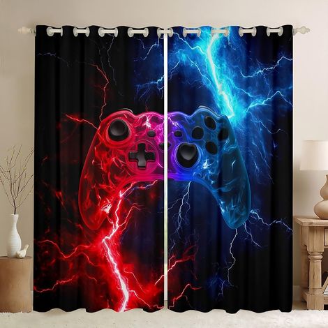 Rideau de fenêtre Gamer Garçons Jeux vidéo Flamme Gamepad Rideaux d'impression pour filles garçons Rouge Bleu Flash Salle de jeux Décoration Rideaux pour le bureau et la maison, Taille XXL - 260x140cm (1/5)