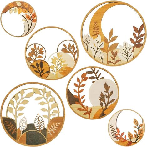 Lot de 6 pièces de décoration murale en bois Boho, décoration murale Boho pour extérieur, décoration murale moderne pour salon, décoration murale vintage 3D ronde pour ferme, couloir