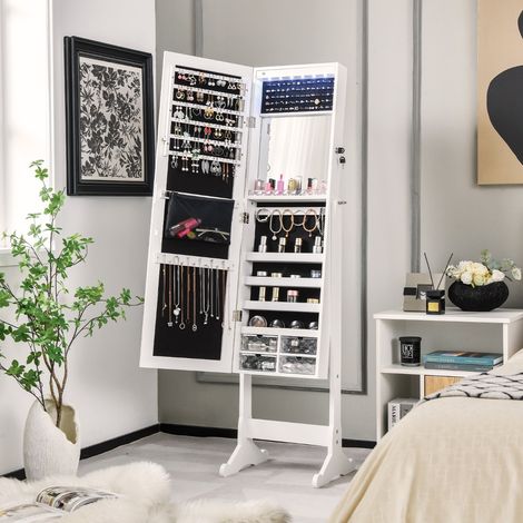 Armoire à Bijoux sur Pied, Armoire de rangements, Miroir Pleine Longueur, Verrouillable, Grand Espace de Rangement 41x36x158 cm, Blanc CW2724 Maison Chic (1/4)