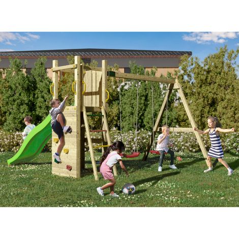 Fungoo Spielturm "Funny 3", natur, mit Doppelschaukel, Rutsche und Kletterwand (1/5)