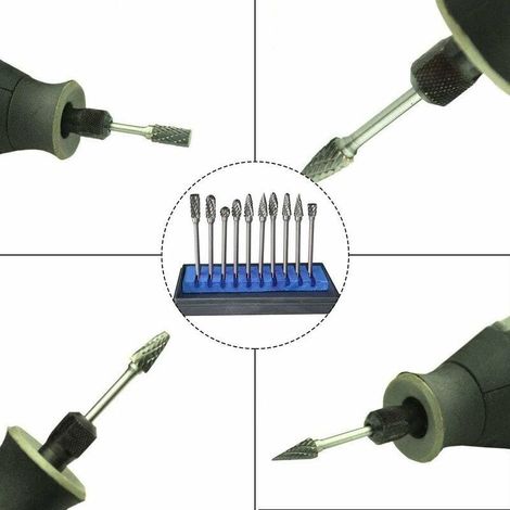 Set di 10 fresas rotative in carburo di tungsteno con testa abrasiva per utensili rotativi - Perfette per forare e lucidare metalli (1/3)
