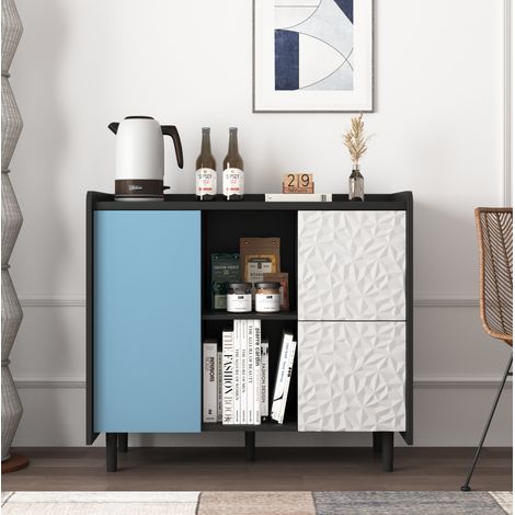 MEUBLIV Buffet 90x40x80 cm noir et bleu – 2 tiroirs, rangement ouvert et placard (1/5)