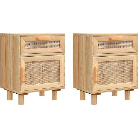 Set 2 comodini con cassetto e vano con anta 40 x 30 x 50 cm in legno massello di pino e rattan naturale DEC035440
