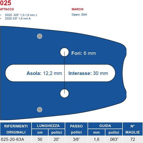 Barra motosega 50 cm - 20" passo 3/8", spessore 1.6 mm - .063" attacco 025, 72 maglie 451778