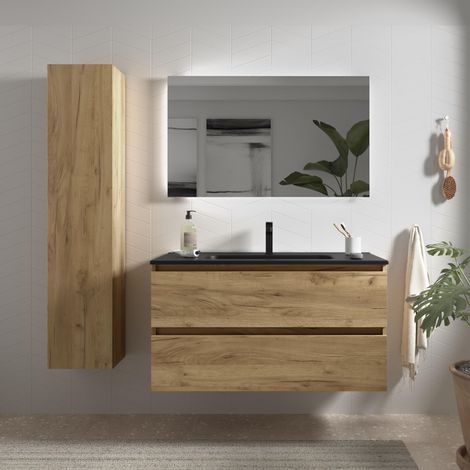 Cygnus Bath – Meuble bas de salle de bain 100cm – Chêne – Vasque en porcelaine noire – Tiroirs à fermeture amortie – Finition facile à nettoyer (1/5)
