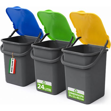 Set 3 Pattumiere Bidoni 32x29x46,5cm Premi Plus 24L Apertura Push Raccolta Differenziata in Plastica Grigio (1/4)