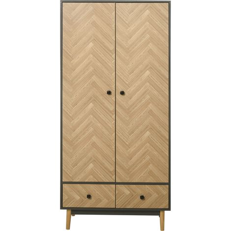 Modern Wardrobe Cabinet Wood Grain Sticker Surface with Shelf, Hanging Rod 2 Drawers 90x50x190cm (1/5)