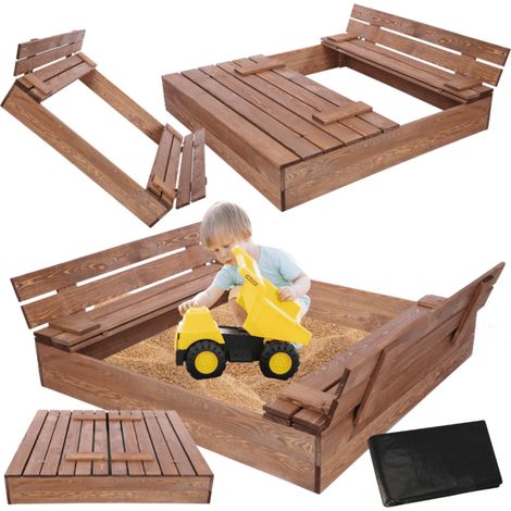 MODO24 Bac à sable en bois de jardin 120x117 cm, couvercle 2-en-1, bancs dossier, agrofibre incluse, marron imprégné