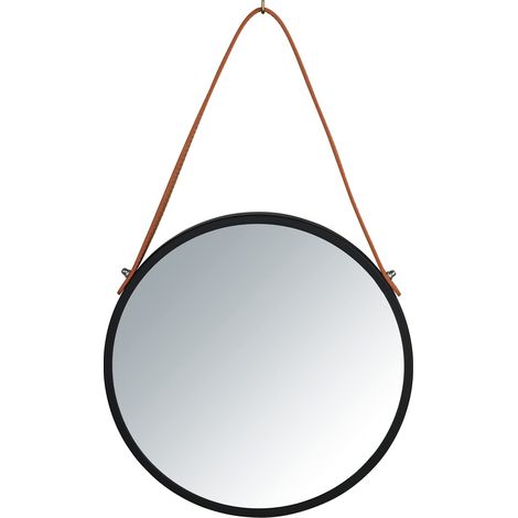 WENKO Specchio rotondo da parete Borrone, specchio con cornice in metallo di colore nero e cinghia per appenderlo, specchio decorativo dal design vintage, vetro/metallo, Ø 30 cm, colore nero (1/5)