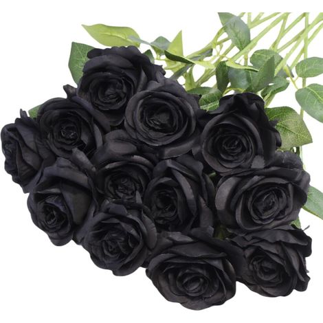 Roses artificielles noires, 12 tiges, roses artificielles en soie à longues tiges — fleurs de centre de table réalistes, adaptées à la décoration intérieure d'Halloween et de style gothique.