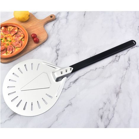 Pelle a Pizza Ronde 7 Pouces, Pelle Pizza Perforée en Aluminium avec 40cm Longue Poignée en Bois Amovible Poignée Antidérapante, Pelle Tournante Pizza, Pain, Gâteaux