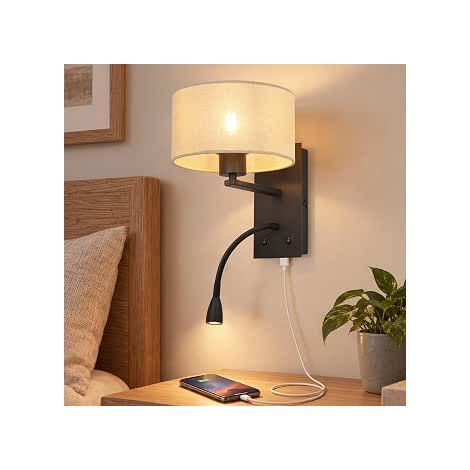 GBLY LED Lampada da Lettura Applique da Parete 3 in 1 con Interfaccia USB Portalampada E27 3W Design Moderno in Tessuto Nero Interruttore Indipendente Adatta per Camere Soggiorni Uffici e Hotel (1/5)
