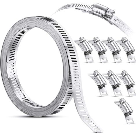 Colliers de Serrage, 3m DIY 304 Collier de Serrage Inox Bande Perforée en Métal Équipé de 8 Pièces Fixation, Réglable Collier Durite en Acier Inoxydable Convient Jardin Pour Piscine, Tuyaux (1/4)