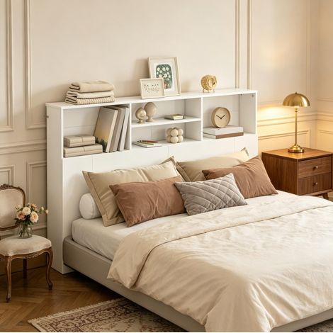 Testiera letto con contenitore 140 cm bianca con 4 vani aperti in MDF e pannello truciolare HOMVRA (1/2)