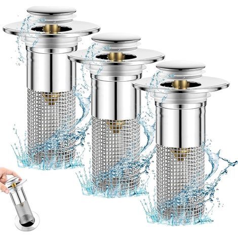 BUNTHAUS Lot de 3 bouchons de lavabo universels pour écoulement de 34 à 40 mm - Filtre à cheveux, maintien d'eau et mode de vidange - Pour salle de bain, cuisine, baignoire (1/5)