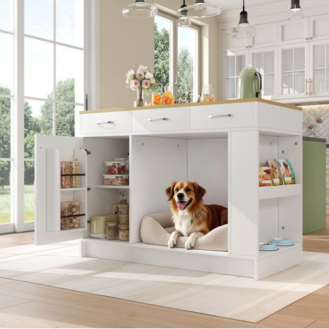 Îlot de cuisine avec 3 tiroirs, étagère réglable et espace de rangement pour animaux, 120x60x90 cm, blanc (1/5)