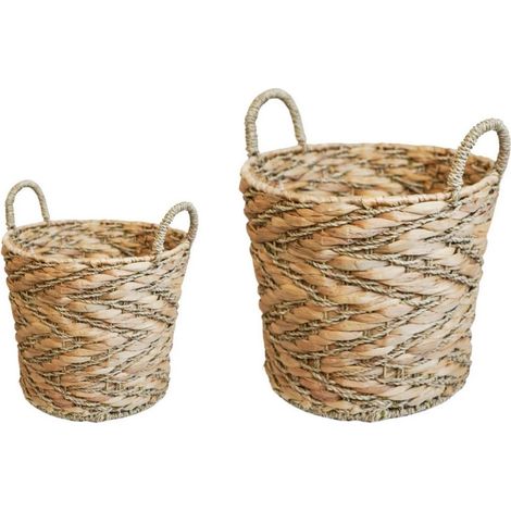 Water Hyacinth Woven Log Basket with Handles (Set of 2) - Brown