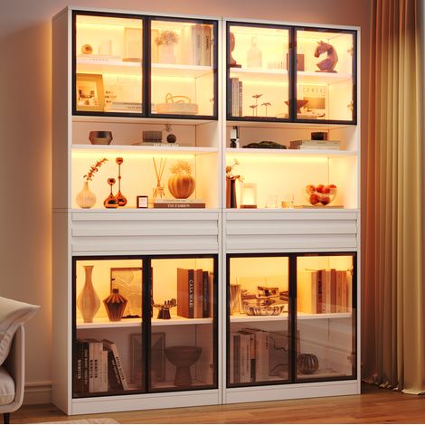 Vitrina alta 80x35x200 cm con LED RGB, 8 puertas de vidrio y cajón, MDF que ahorra espacio para salón - blanco (1/5)