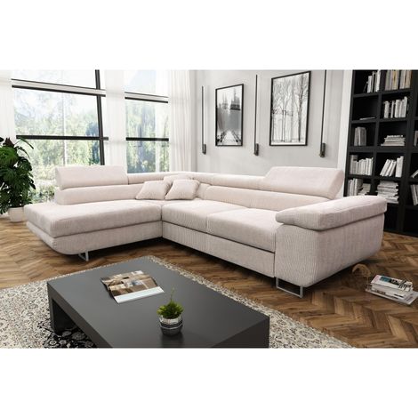 Tendencio – Canapé d'angle convertible ANTONI – Velours côtelé beige – Angle gauche – Grand confort pour salon moderne
