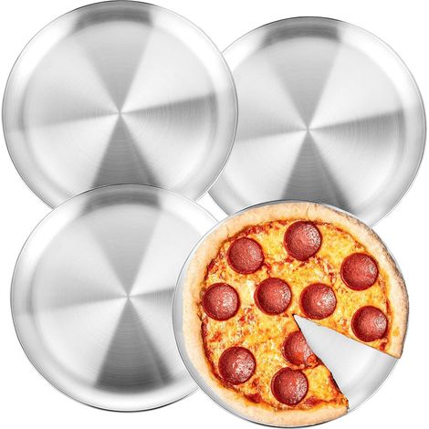 4 Pcs 13.4 Inch Pizza Tray, Stainless Steel Dinner Plates Round Stainless Steel Pizza Pans, Non-Stick Pizza Trays for Oven Healthy Durable Dishwasher Safe for Fruit Cake Pie Cookie (1/5)