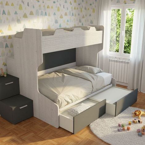 Letto a castello con gradini a cassetti e passerella - Una piazza e mezza e singola - Rovere rock