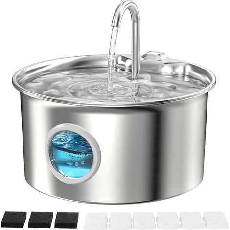 Fontaine Eau Chat INOX: Fontaine Chat Acier Inoxydable Automatique - 2,6L Silencieuse Distributeur d'eau Électrique avec Robinet pour Petit Chien - Filtre Multicouche avec 6 Filtres + 3 Éponges (1/5)