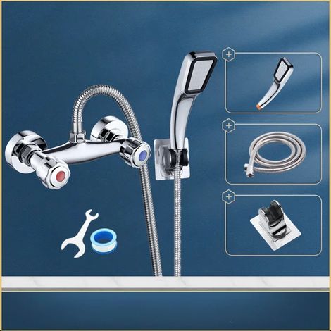 (Ensemble carré) Robinet de salle de bain avec mitigeur, double poignée, double commande, fixation murale, mitigeur, douche et baignoire, eau chaude et froide. (1/5)