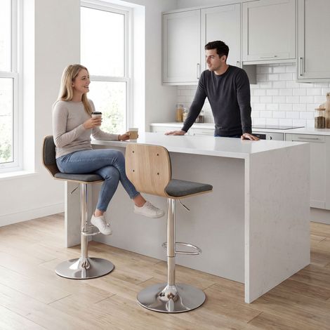 Juego de 2 taburetes de bar, sillas de bar regulables en altura con respaldo y reposapiés giratorio 360°, 41x47,5x81-102cm, gris
