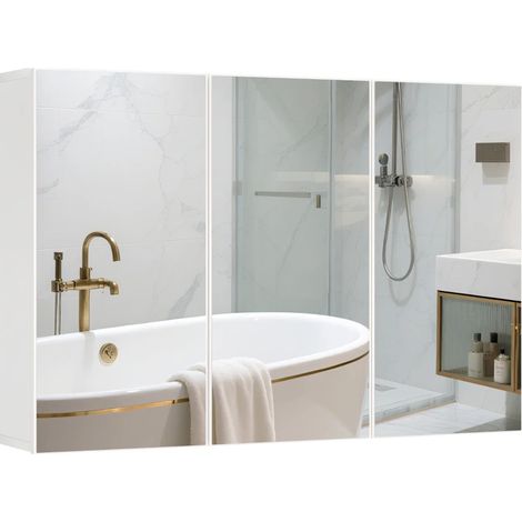 Armoire de salle de bain murale avec 3 portes miroir, 90 x 15,5 x 60 cm, panneau-aggloméré blanc (1/5)