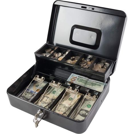 Locking Cash Box with Lock,Money Box with Cash Tray,Lock Safe Box with Key,Money Saving Organizer,11.81Lx 9.45Wx 3.54H Inches,Black XL Large (1/5)