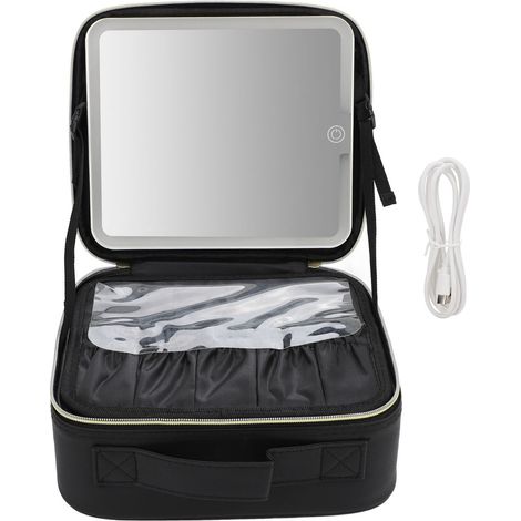 Ortviai Boîte à maquillage portable avec miroir LED rechargeable, 3 couleurs réglables, grand volume, noir