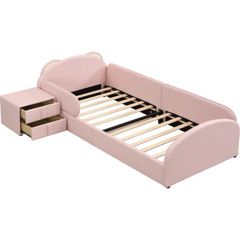 Lit enfant rembourré rose 90x200 cm avec table de chevet, tête de lit ours (1/5)