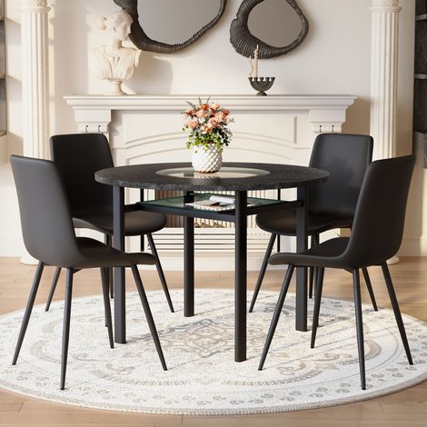Minimalistisches rundes Tischset mit 4 schwarzen PU-Stühlen, 100 cm, schwarze Holzoptik (1/5)