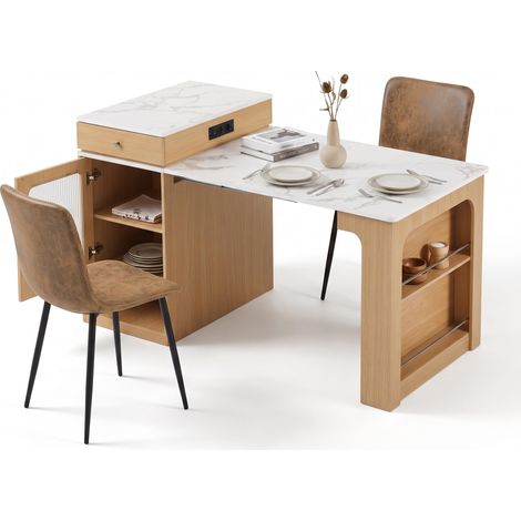 FurnitureR MDF Essgruppe 3-teilig mit Ausziehtisch und 2 Stühlen Naturfarbener MDF-Ausziehtisch mit Glasdetails, Stauraum, Steckdose und 2 braunen Stühlen (1/5)