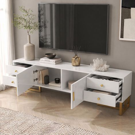 Meuble TV 175 cm en MDF blanc avec 4 tiroirs, 2 portes et pieds dorés HAVRYA (1/5)