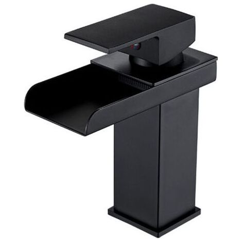 Moderne Noir Robinet de Salle de Bain en Laiton, Mitigeur Lavabo Cascade, Robinet Lavabo avec Bec Hauteur 200mm, Eau Froide & Chaude Disponible (1/5)