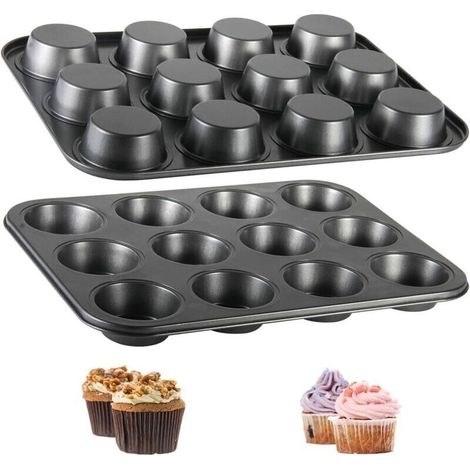 Set di 2 grandi teglie antiaderenti per muffin, cupcake, brownie, torte e budini, 35,5 x 26,5 x 2,7 cm, nere